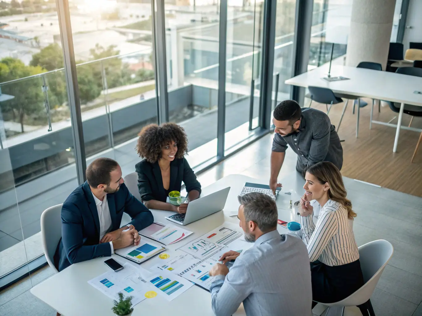 An image of a sales team collaborating around a strategy board with charts and graphs illustrating growth, symbolizing strategic sales development.