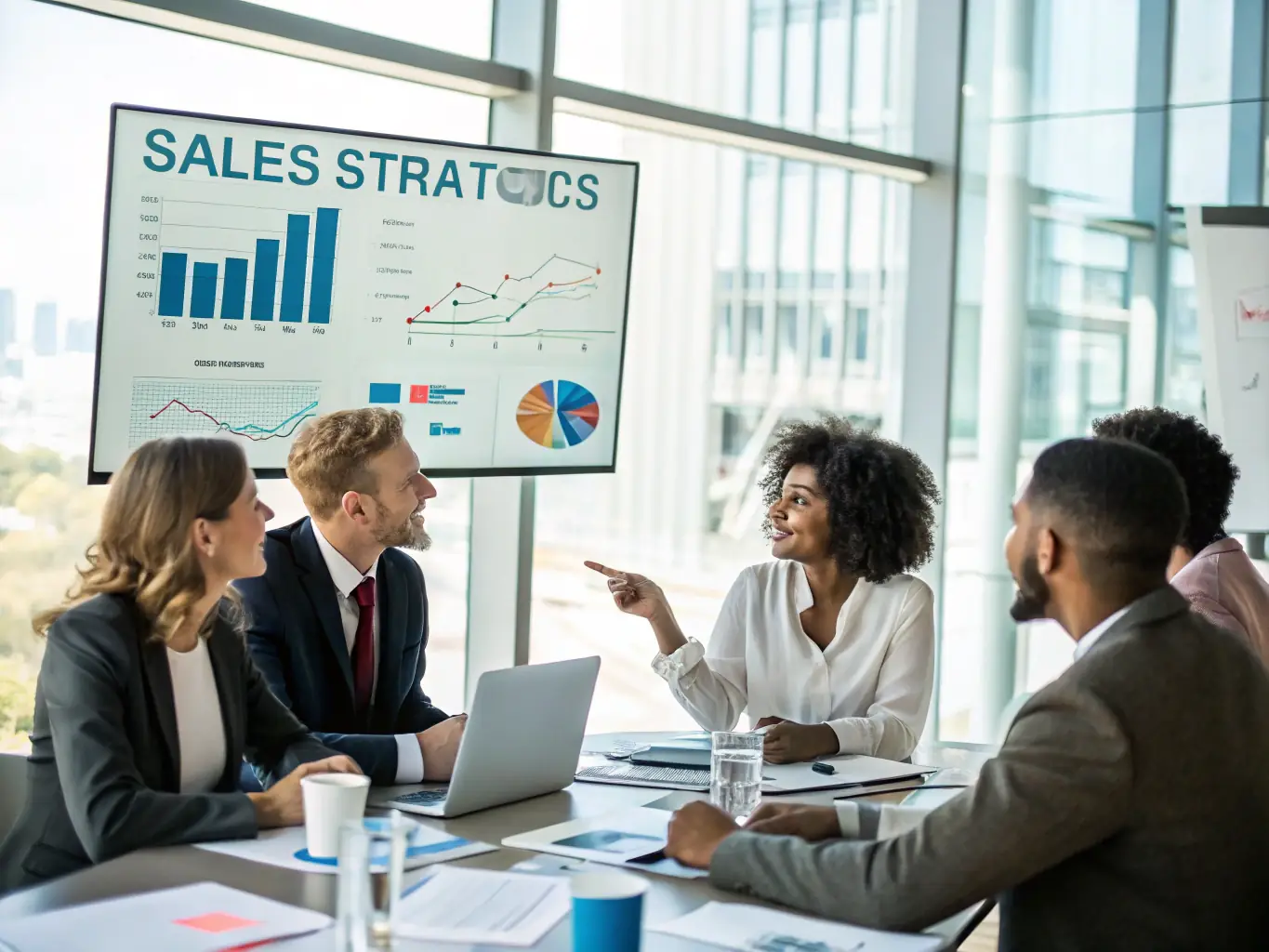 An image of a sales team collaborating around a strategy board with charts and graphs illustrating growth, symbolizing sales strategy development.