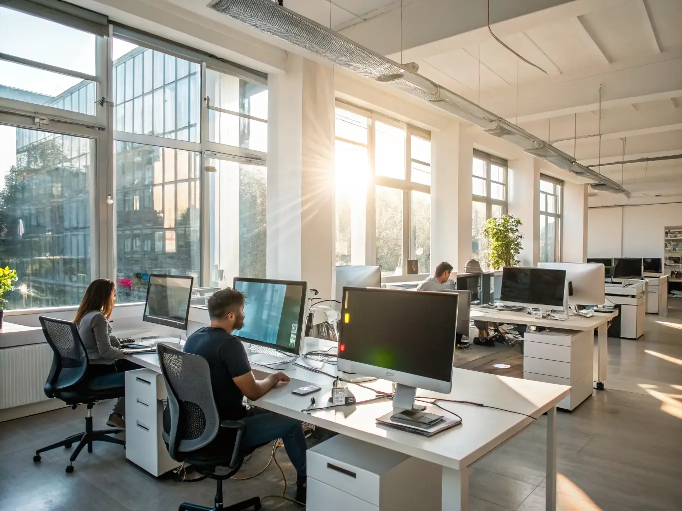 A modern office environment with organized workstations and digital management tools, representing office logistics streamlining.