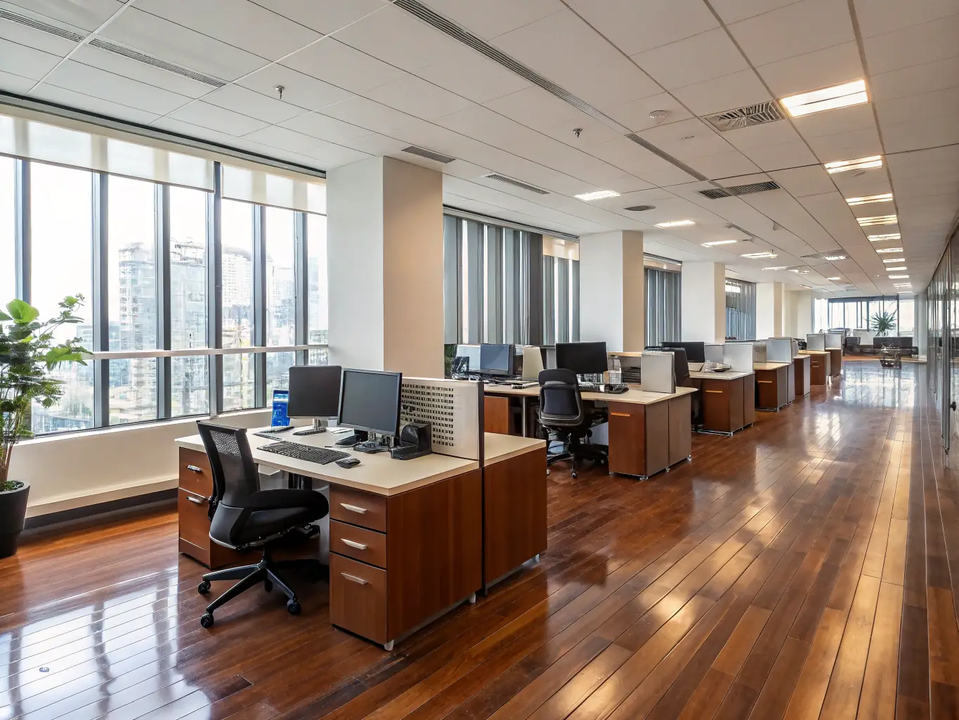 An organized and efficient office space with employees working collaboratively, highlighting streamlined processes and optimized workflows.