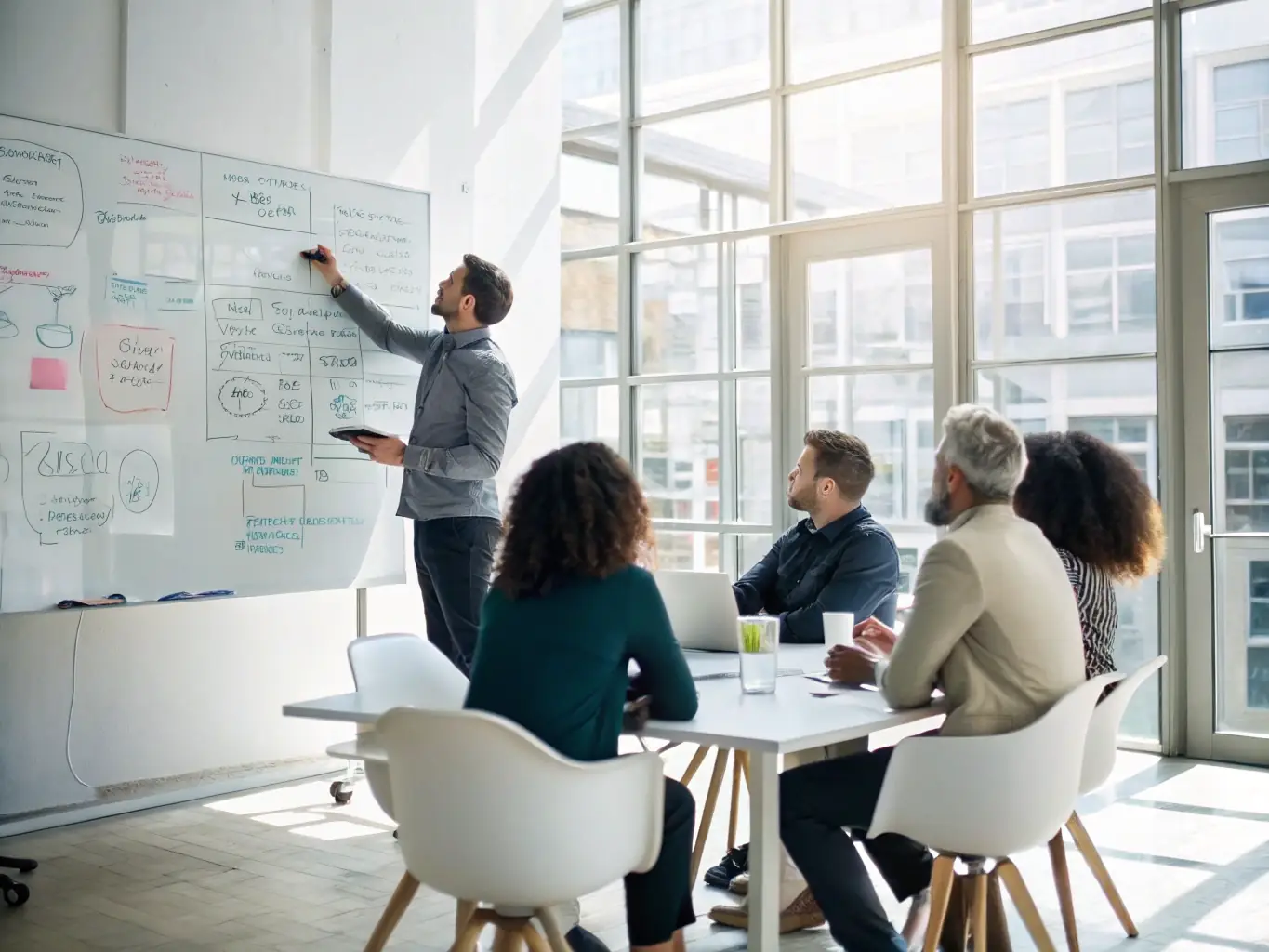 A consultant leading a strategy session with a team, brainstorming ideas on a whiteboard in a modern office setting, emphasizing collaboration and strategic planning.
